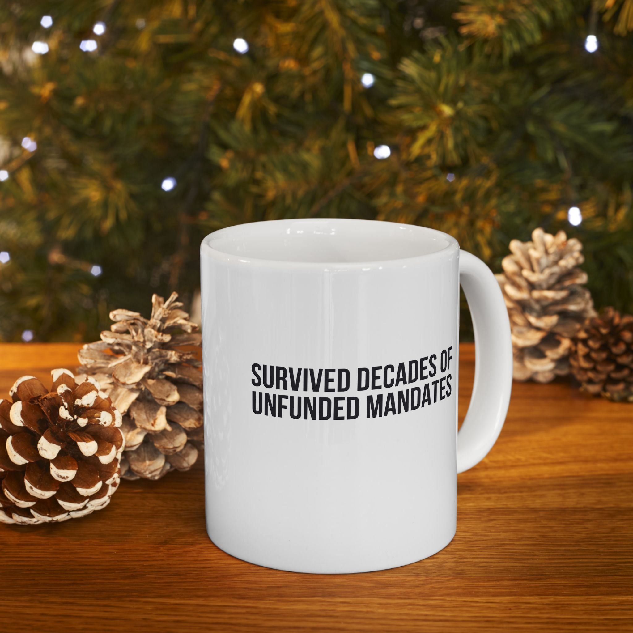 Funny Retirement Mug Gift for Government Employees — "Survived Decades of Unfunded Mandates" Ceramic Coffee Cup (11oz)